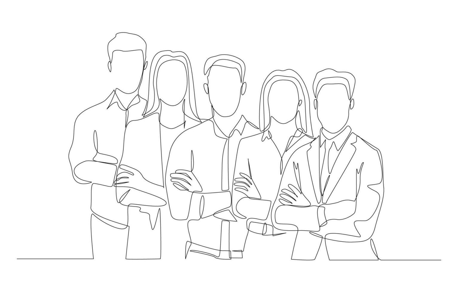 Continuous one line drawing of coworkers standing with crossed arms across chest behind each other, business teamwork concept, single line art. vector