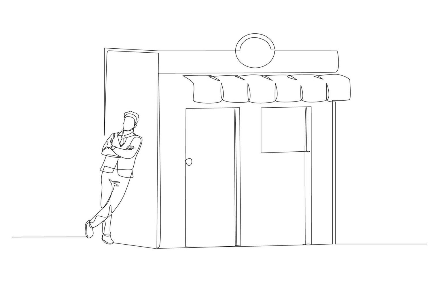 Continuous one line drawing of businessman leaning against store, openning shop or starting business owner concept, single line art. vector