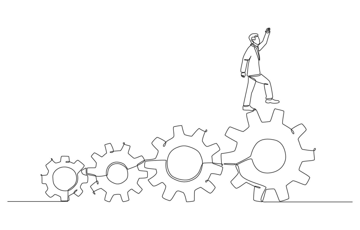 Continuous one line drawing of businessman stepping from small cog to larger cog, development in jop position or career growth concept, single line art. vector