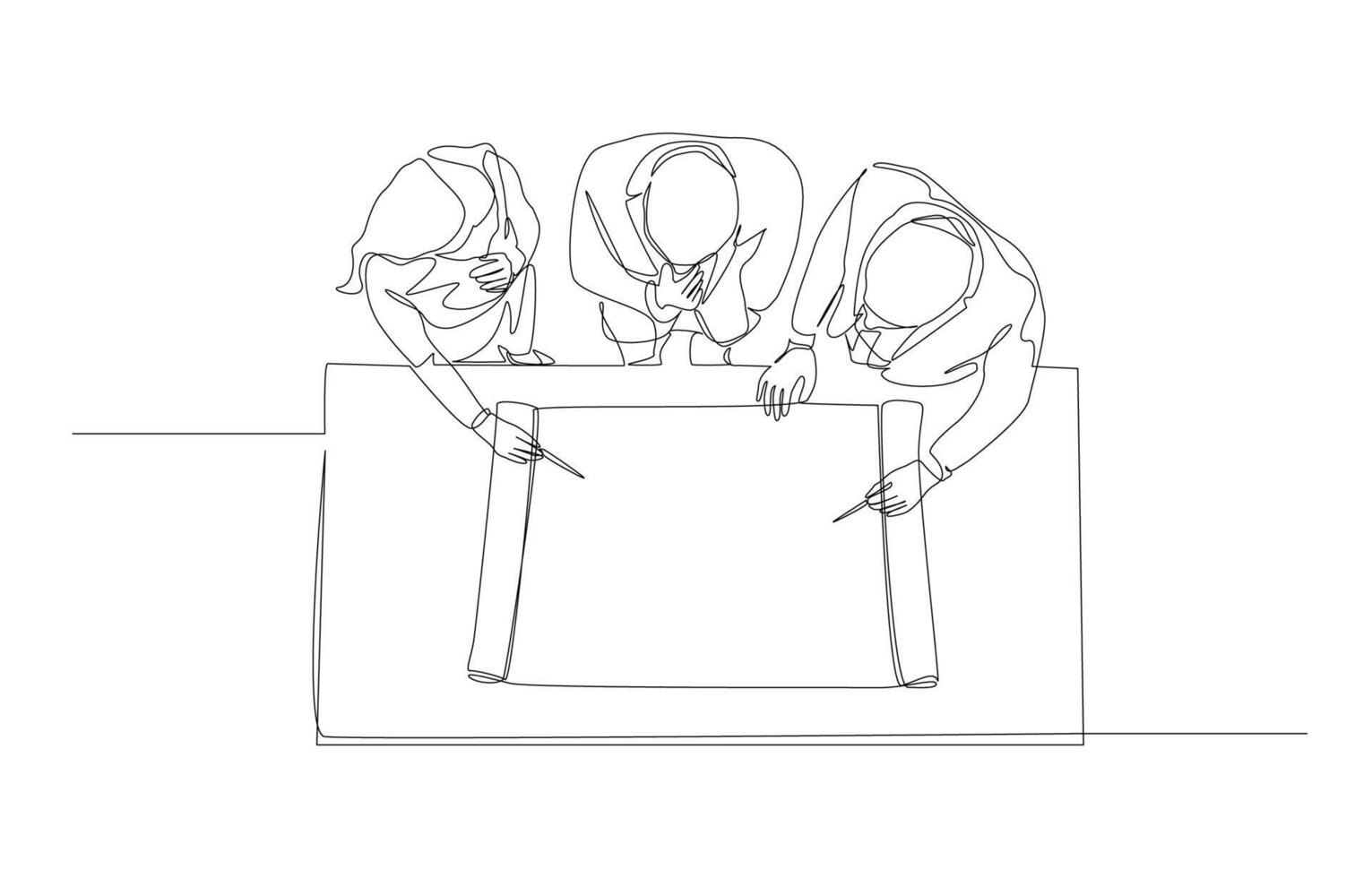 Continuous one line drawing of business people discussing about blueprint paper on table from top view, business discussion, project planning concept, single line art. vector