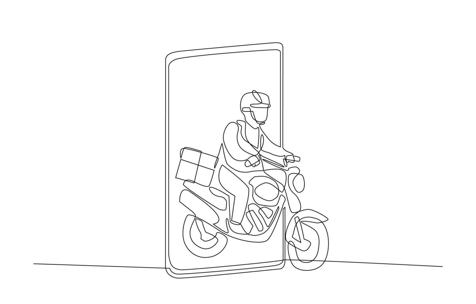 Continuous one line drawing of delivery man coming out of smartphone screen, food delivery or parcel delivery service concept, single line art. vector