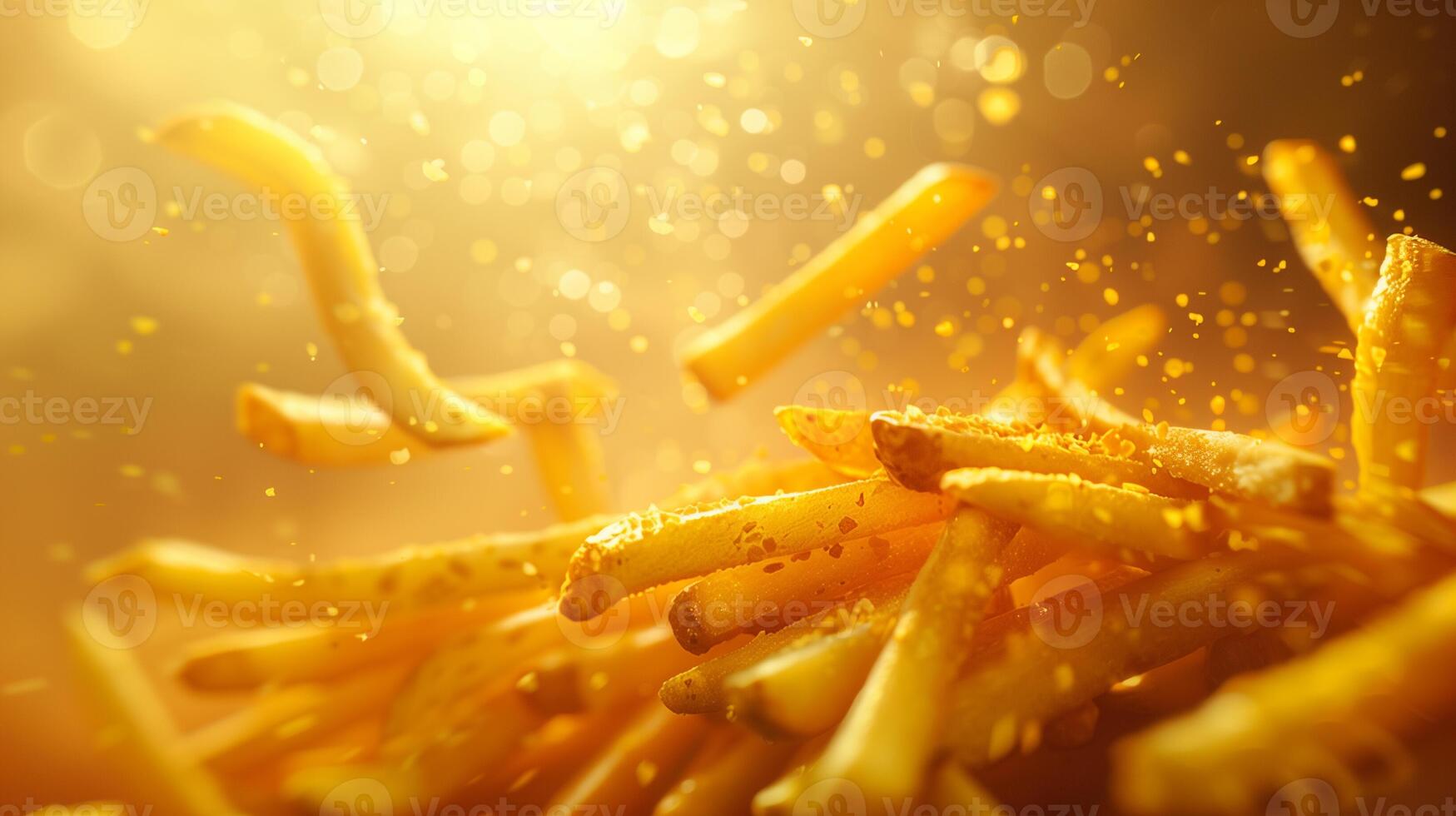 AI generated Salted French Fries Mid air Bokeh Background photo