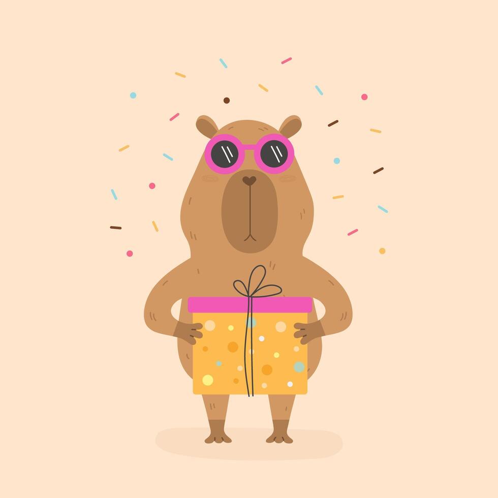Funny capybara with gift box vector