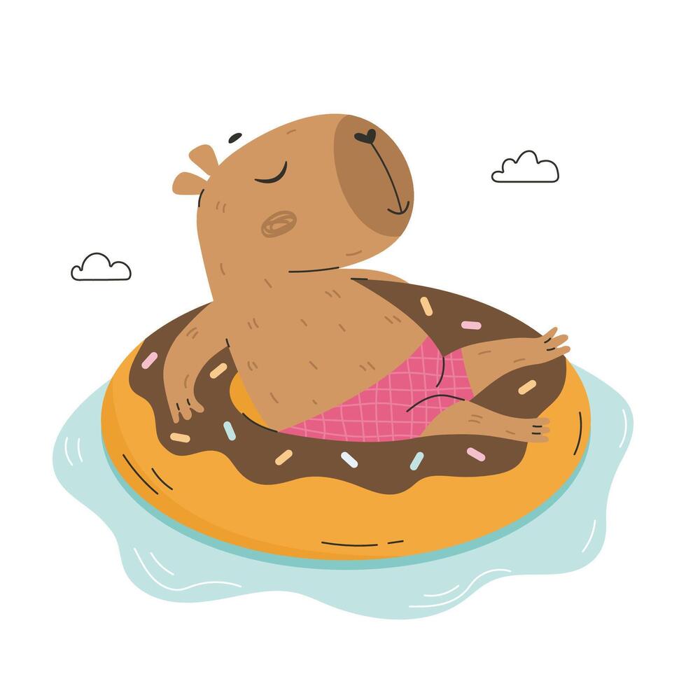 Funny capybara floating on inflatable ring vector