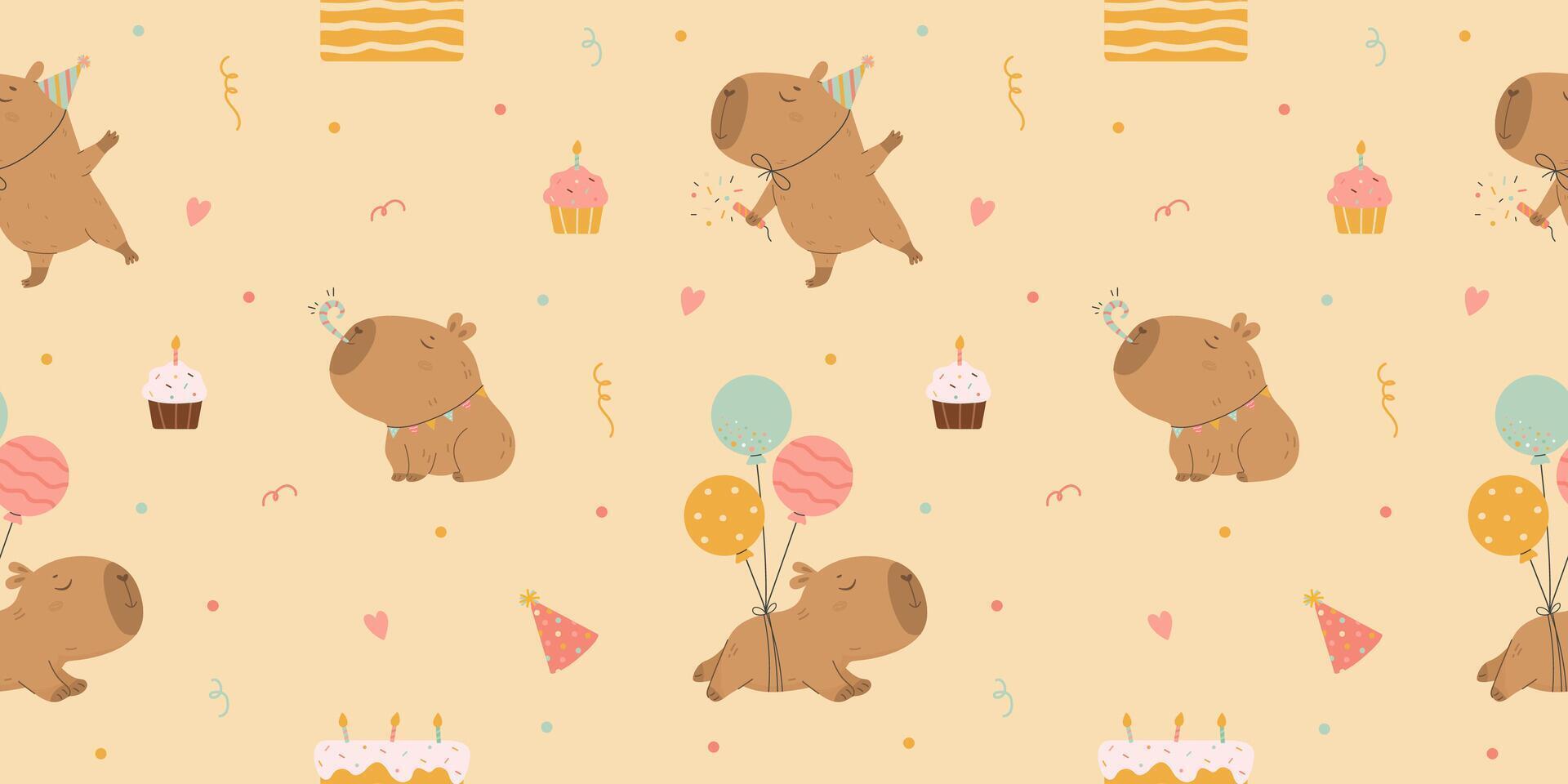 Pattern with funny capybaras and birthday cakes vector