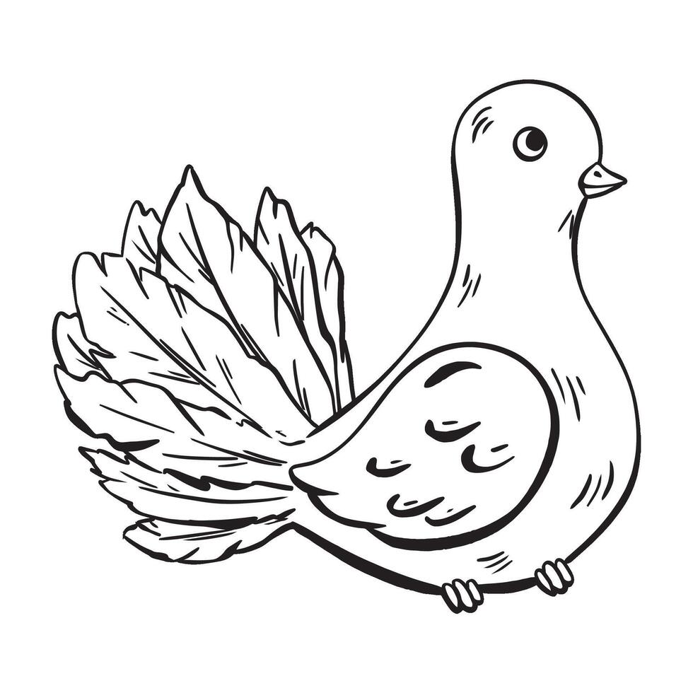 A black and white sketch of a pigeon with a long tail vector
