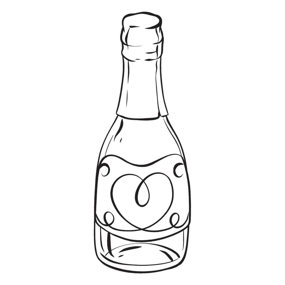 un negro y blanco dibujo de un botella de vino con un corazón en eso vector