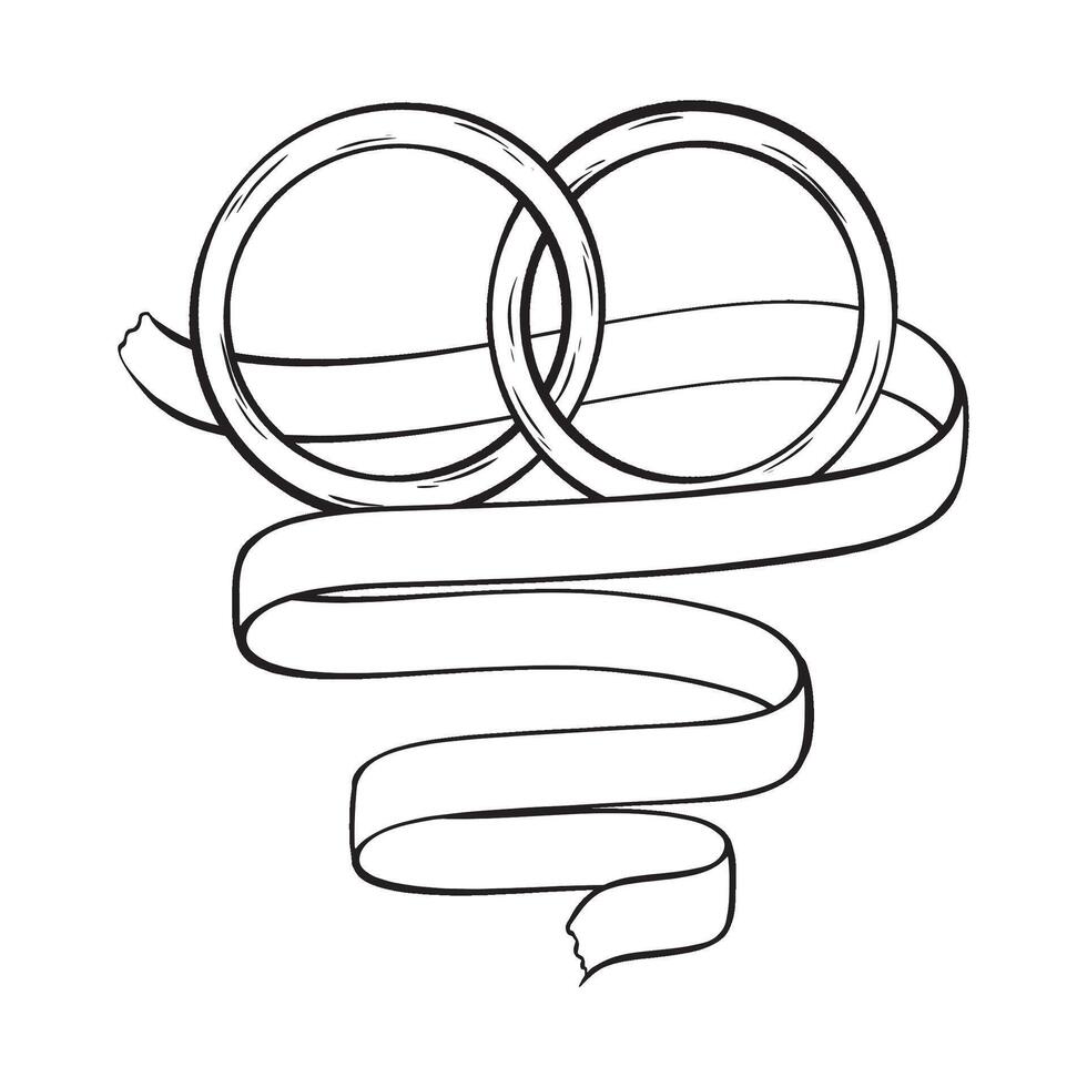 a black and white drawing of two wedding rings and a ribbon vector