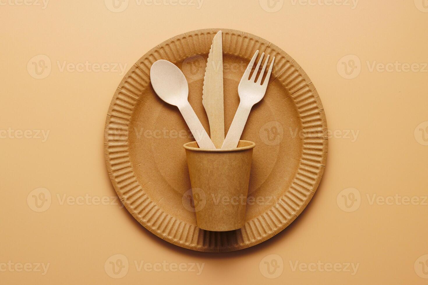 A set of disposable tableware on a brown background photo