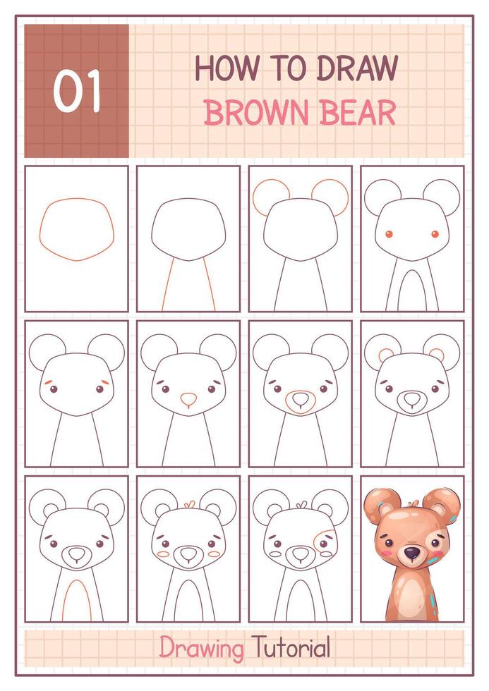 How to Draw a brown bear. Step by Step Drawing Tutorial. Draw Guide. Simple Instruction for Kids and Adults vector