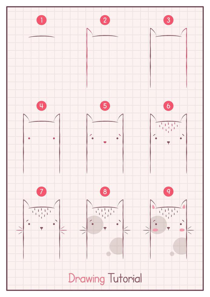 How to Draw a Cat. Step by Step Drawing Tutorial. Draw Guide. Simple Instruction for Kids and Adults vector