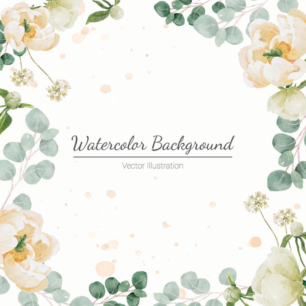 watercolor white peony and rose foliage flower bouquet wreath frame background isolated vector