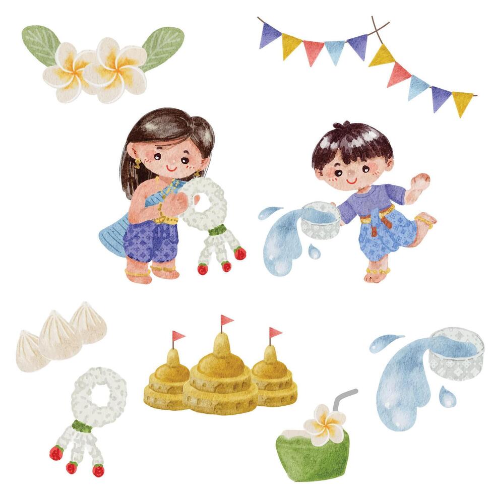 watercolor Songkran Thai water festival element collection vector illustration