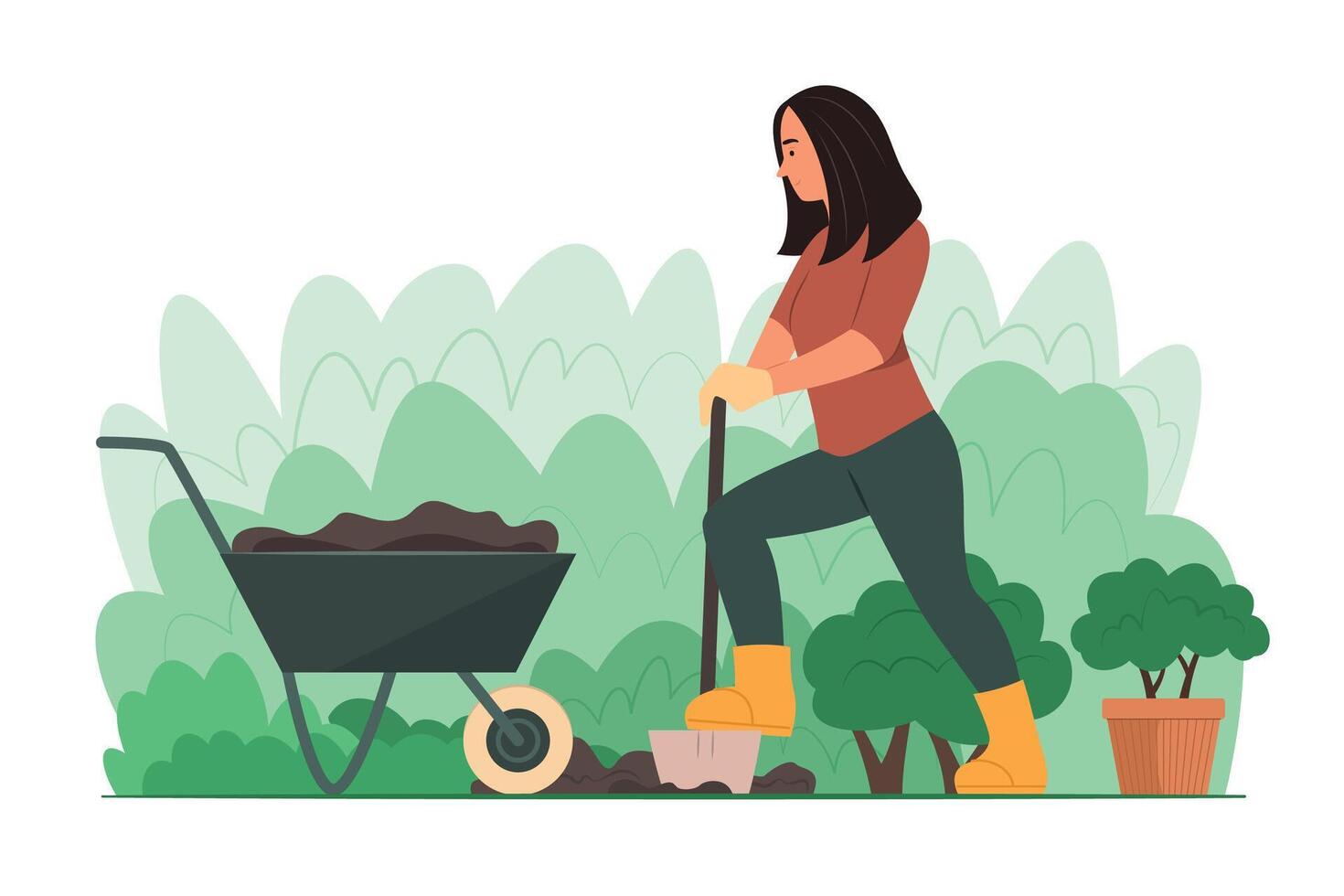 mujer excavación suelo en jardín para plantando plantas vector