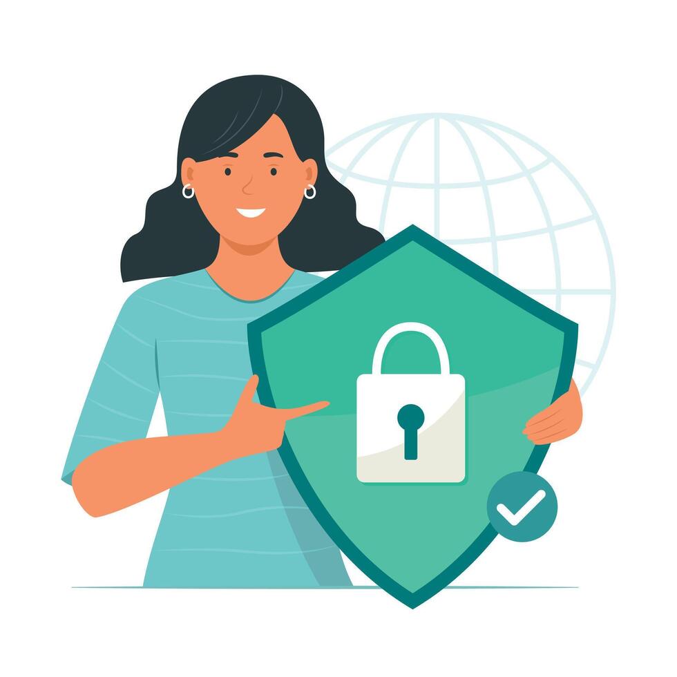 Woman with Digital Security Shield with Padlock Symbol for Cyber Security Concept Illustration vector