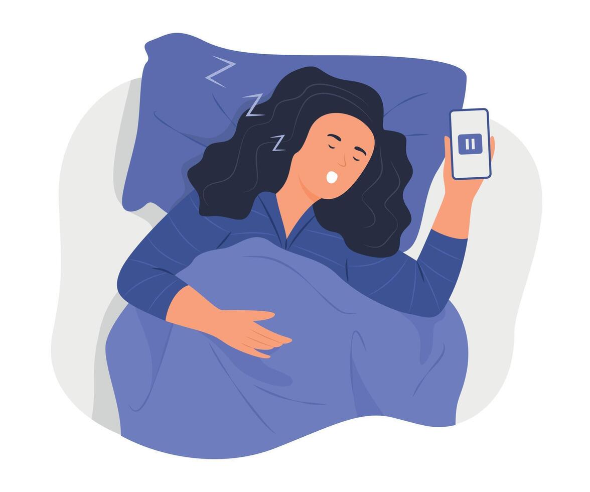 Woman Holding Mobile Phone while Sleeping in Bed and Snoring at Night vector