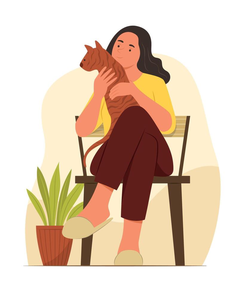 Young Woman Hugging Cat and Sitting on Chair for Relaxing vector