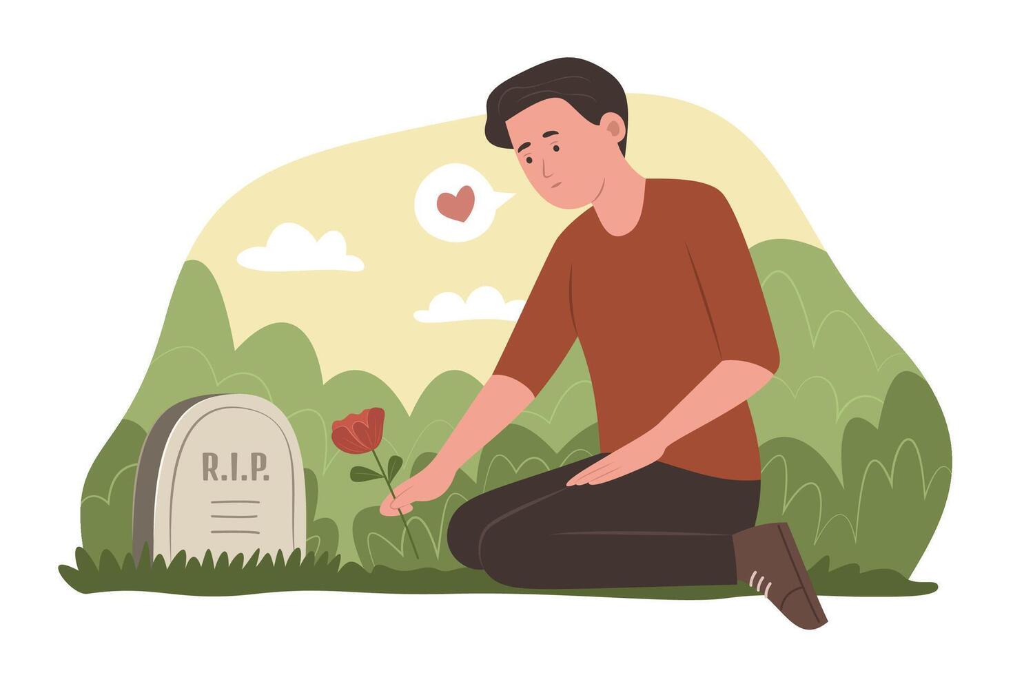 Mourning Man Holding a Flower and Sitting in Front of a Grave in a Cemetery vector