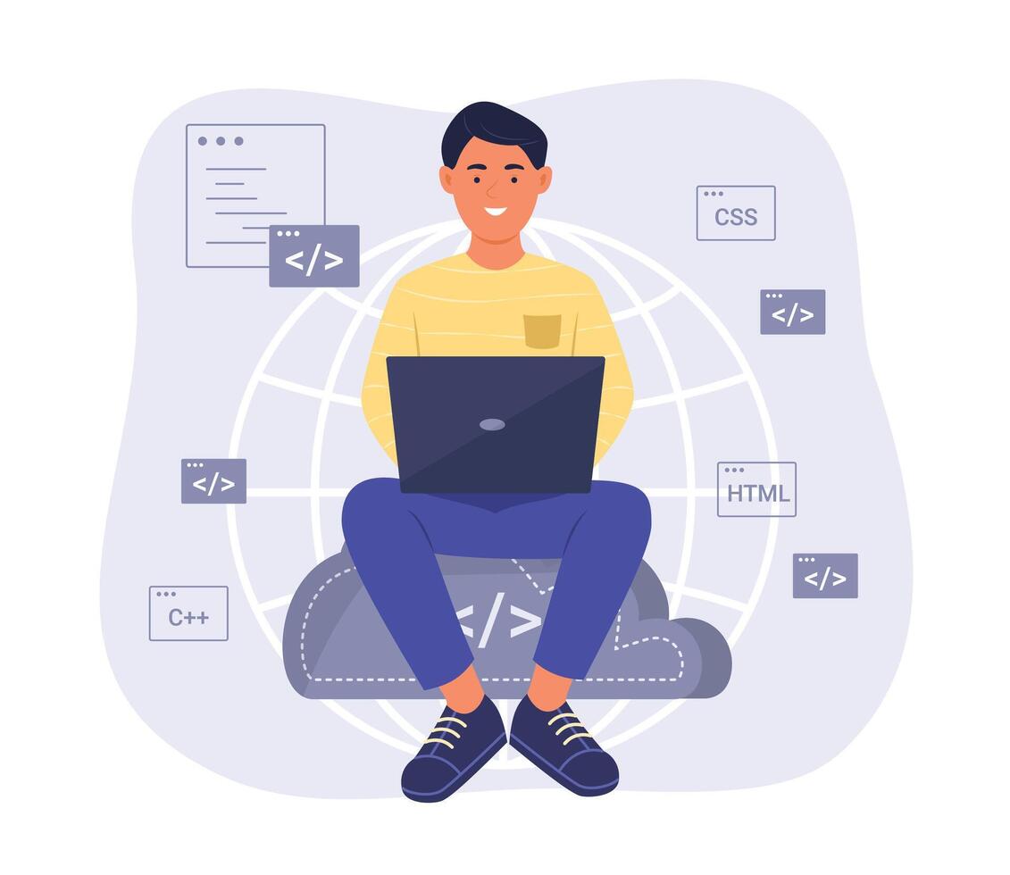 Programmer Man Sitting on Cloud Computing Symbol and Process Coding for Software Development Concept Illustration vector