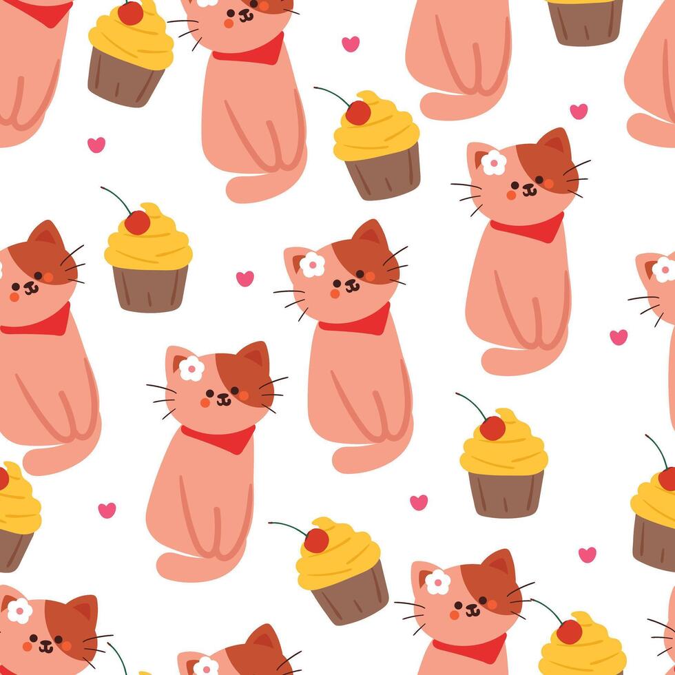 sin costura modelo dibujos animados gato con postre. linda animal fondo de pantalla ilustración para regalo envolver papel vector