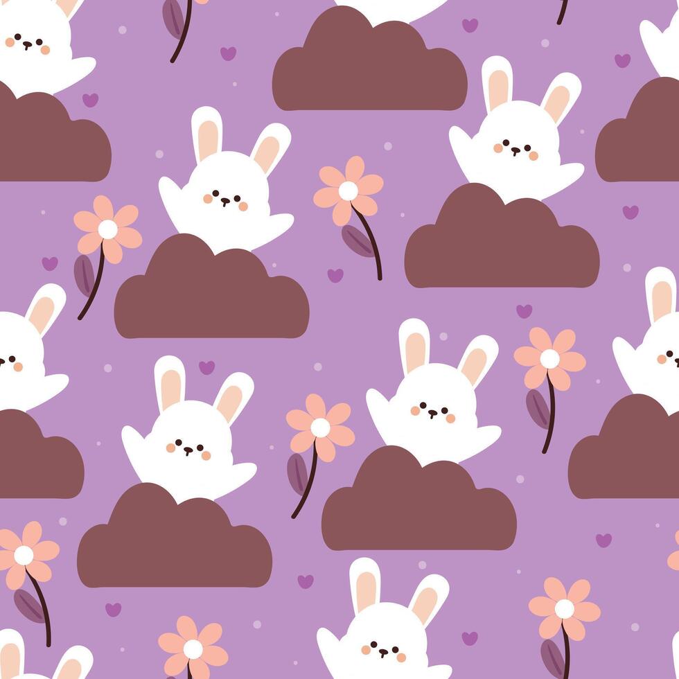 seamless pattern cartoon bunny with flower and clouds. cute animal wallpaper for textile, gift wrap paper vector