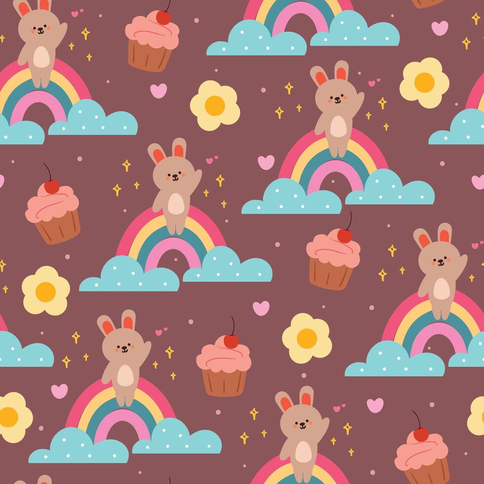 seamless pattern cartoon bunny with cupcake and sky element. cute animal wallpaper for textile, gift wrap paper vector