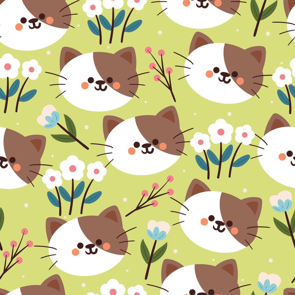 flor y gato de dibujos animados de patrones sin fisuras. lindo papel tapiz animal para textiles, papel de regalo vector