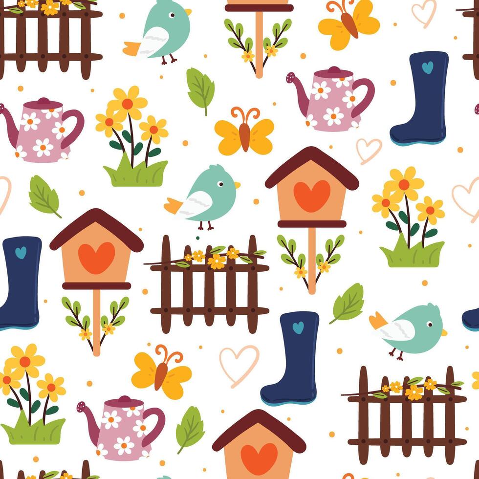 seamless pattern hand drawing cartoon bird, flower and cute element. for fabric print, textile vector