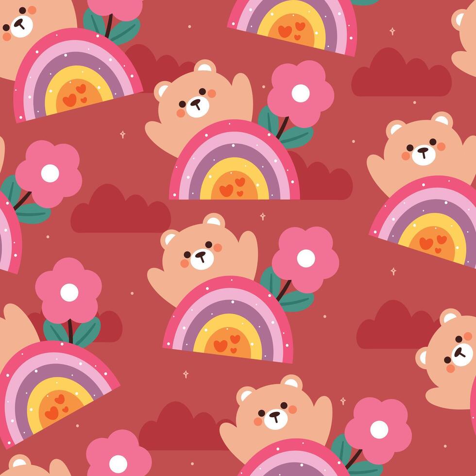 seamless pattern cartoon bear with flower and sky element. cute animal wallpaper illustration for gift wrap paper vector