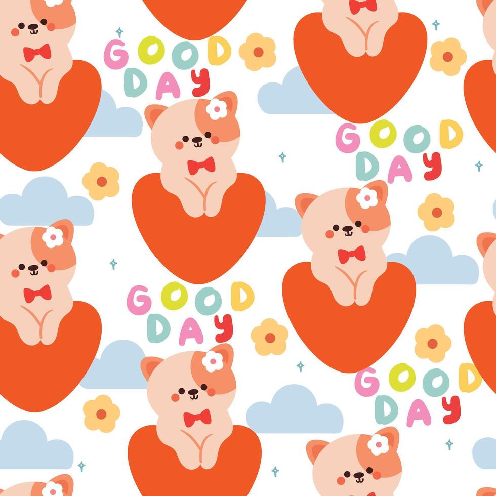 seamless pattern cartoon cat and big heart balloon. cute animal wallpaper illustration for gift wrap paper vector