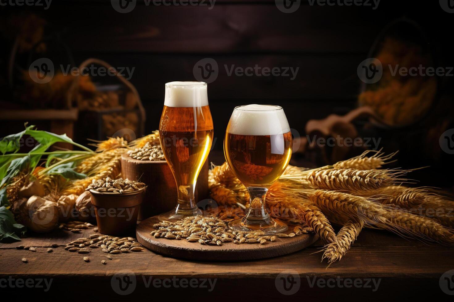 AI generated Two glasses of beer on a wooden table with ears of wheat. Generated by artificial intelligence photo