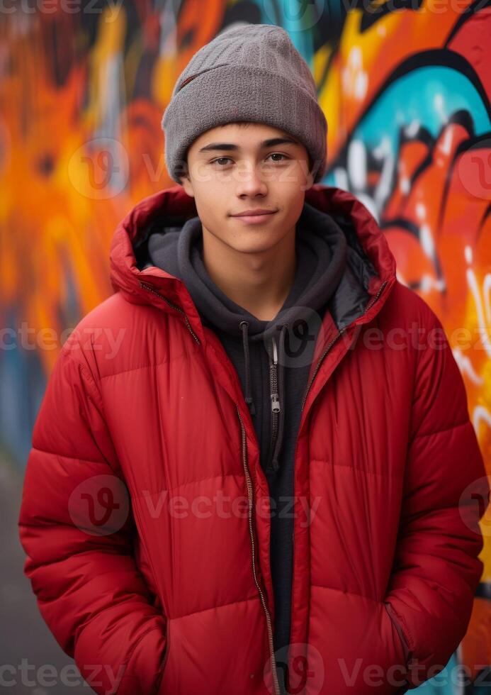 AI generated Young Man Standing in Front of Graffiti Wall photo