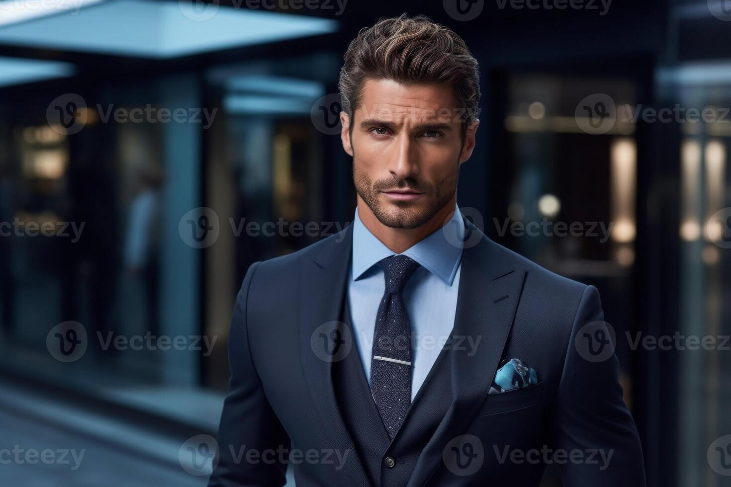 AI generated Businessman in Suit and Tie Walking Down Urban Street photo
