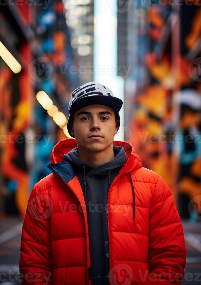AI generated Man in Red Jacket and Black Hat photo