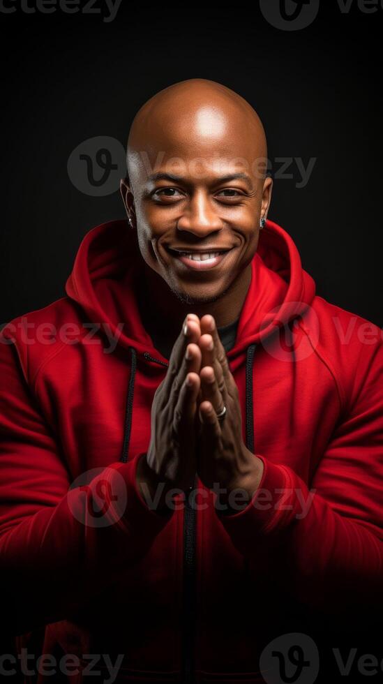 AI generated Smiling Man in Red Hoodie Holding Hands Together photo