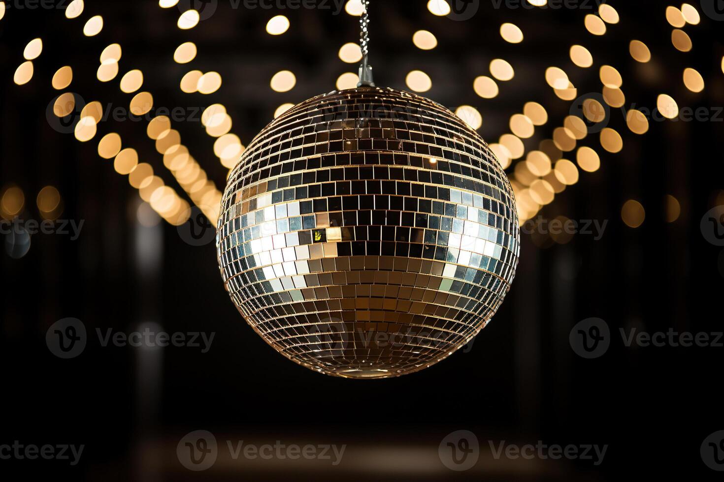 AI generated Golden disco ball in a dark empty room. Reflections of light on a disco ball photo