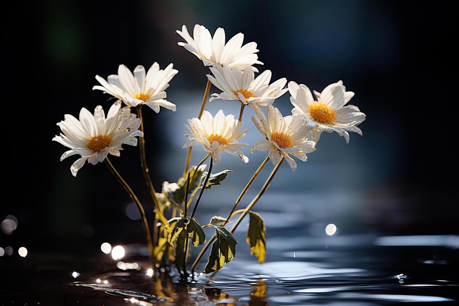 AI generated Chamomile flowers in water at sunset. Summer chamomile background. Generated by artificial intelligence photo