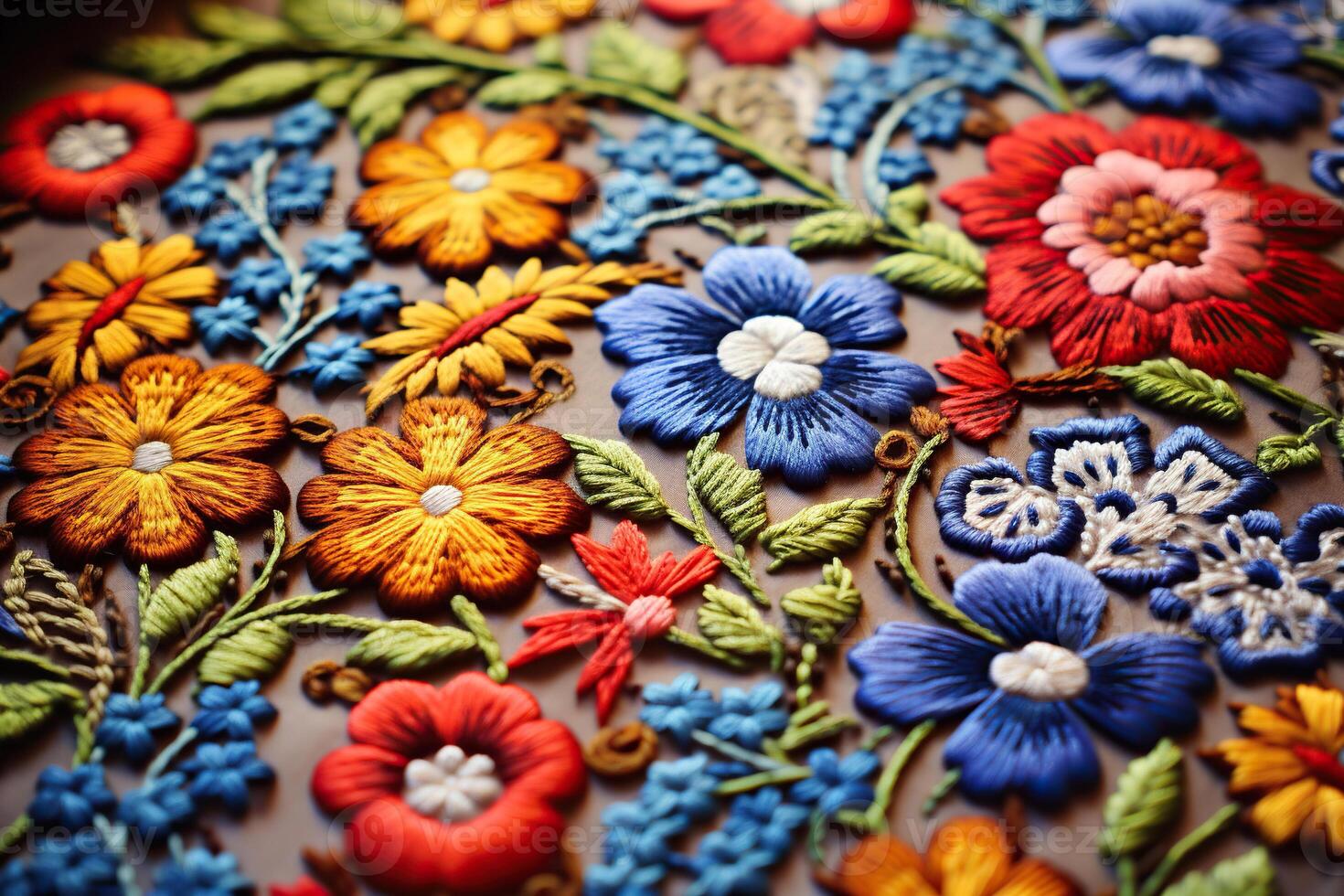 AI generated Canvas with embroidered multi-colored flowers. Generated by artificial intelligence photo