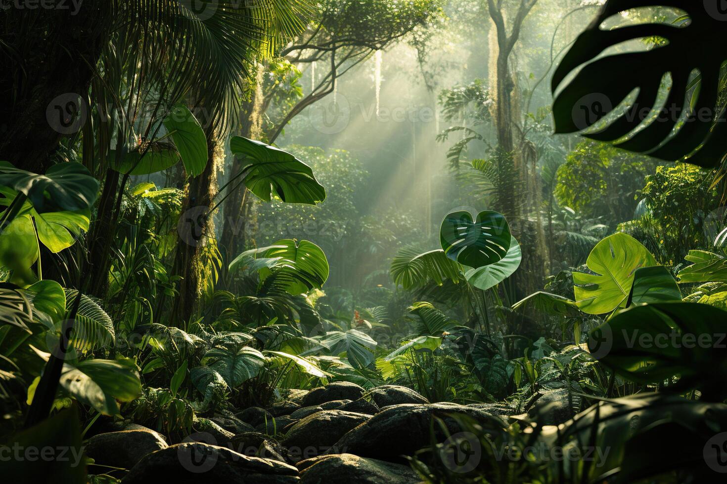 AI generated Beautiful view of a tropical forest with sun rays. Generated by artificial intelligence photo