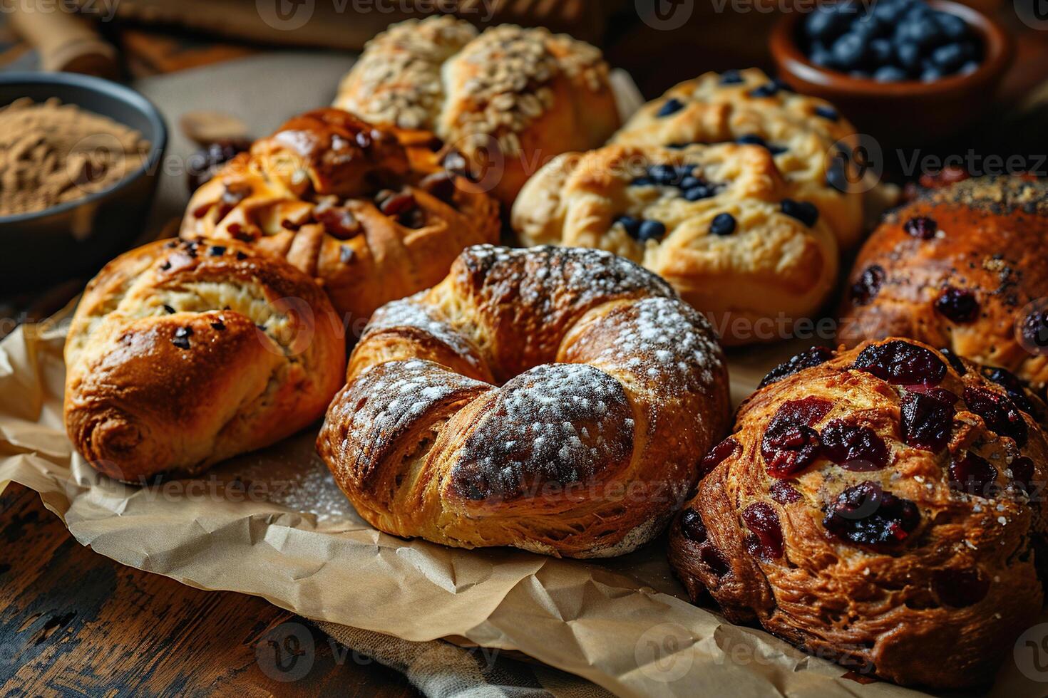 AI generated A set of delicious fresh buns on parchment close-up. Generated by artificial intelligence photo