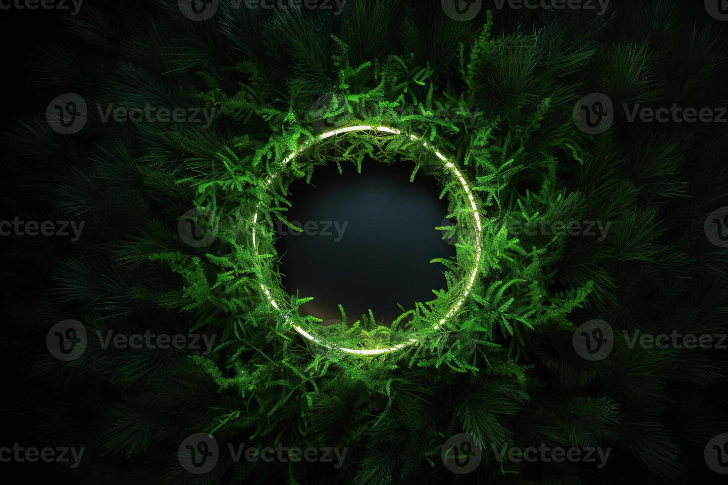 AI generated A glowing neon circle in the middle of dense greenery in the dark. The concept of ecology, eco products. Generated by artificial intelligence photo