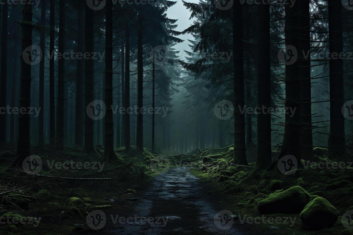 AI generated Gloomy and dark forest path in thick fog. Generated by artificial intelligence photo