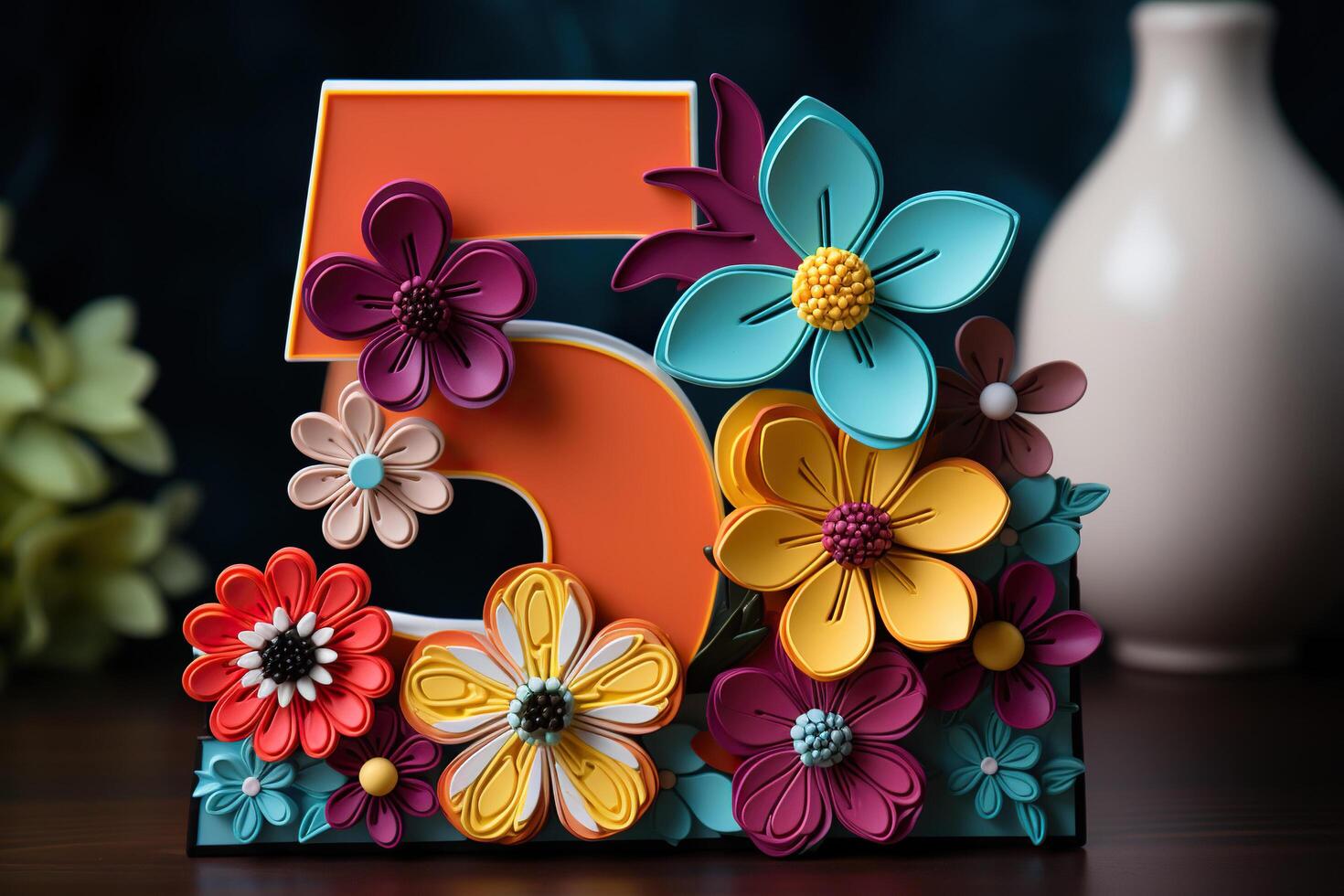 AI generated Number 5 decorated with paper flowers. Children's birthday. Generated by artificial intelligence photo