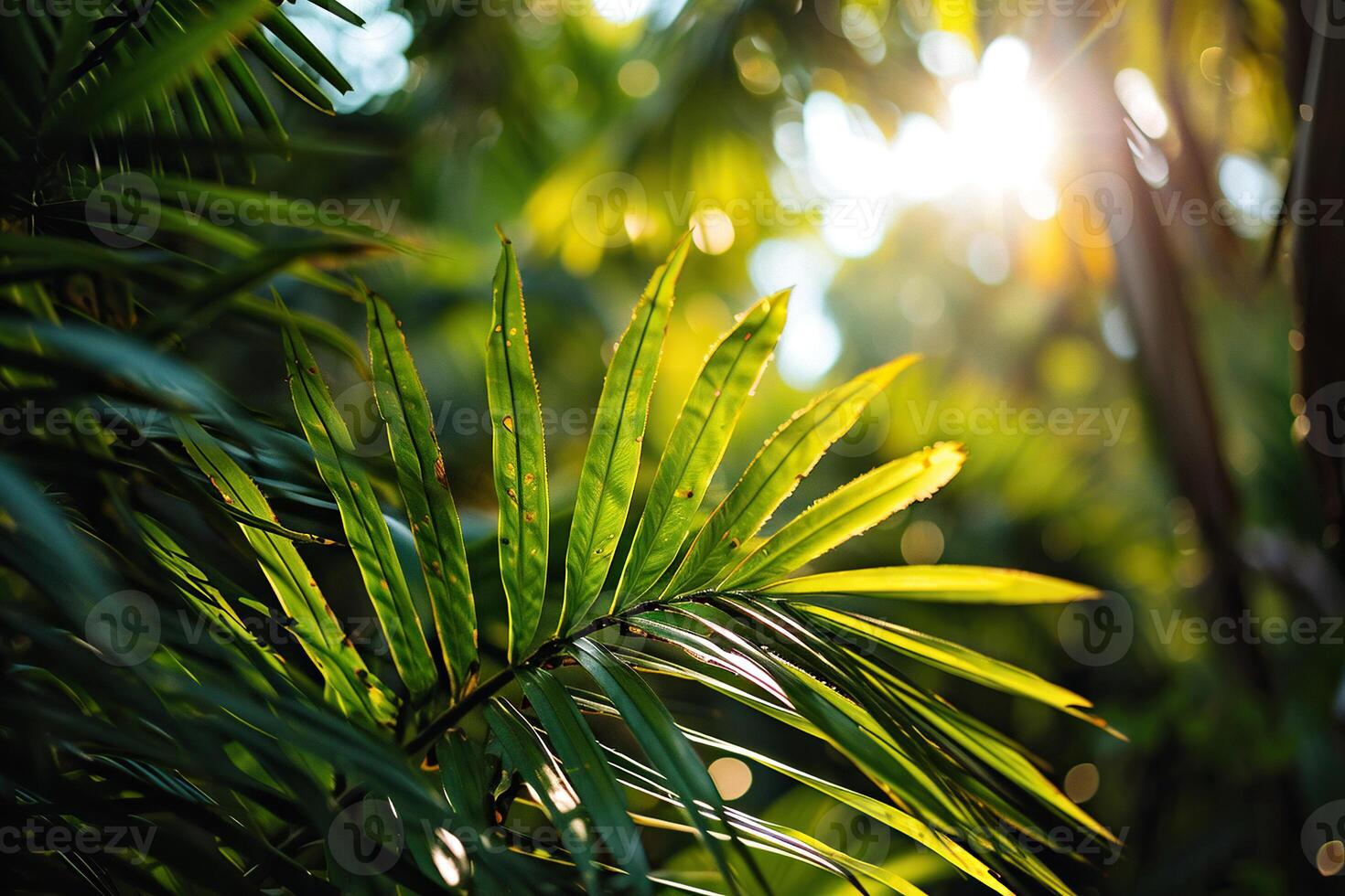 AI generated Beautiful summer view of green tropical leaves in sunlight. Generated by artificial intelligence photo