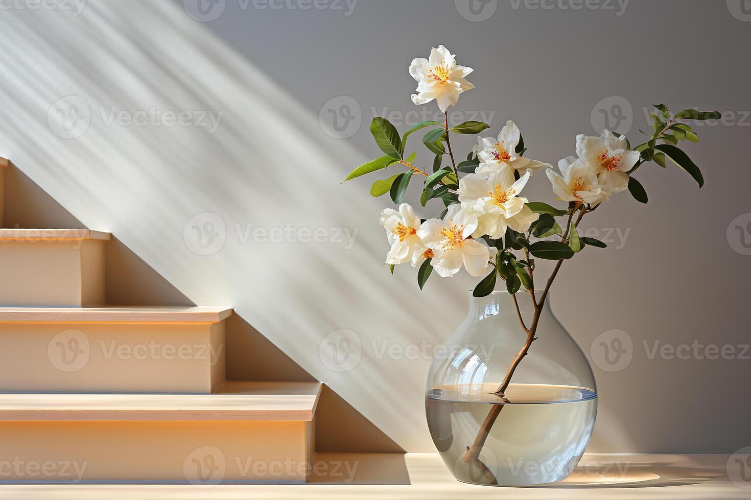 AI generated Elegant glass vase with a branch of flowers in the interior. Minimalism. Generated by artificial intelligence photo