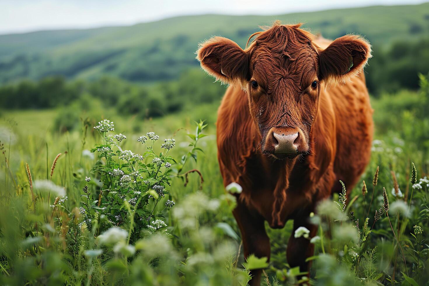 AI generated A red farm cow grazes in a meadow in a mountainous area. Generated by artificial intelligence photo