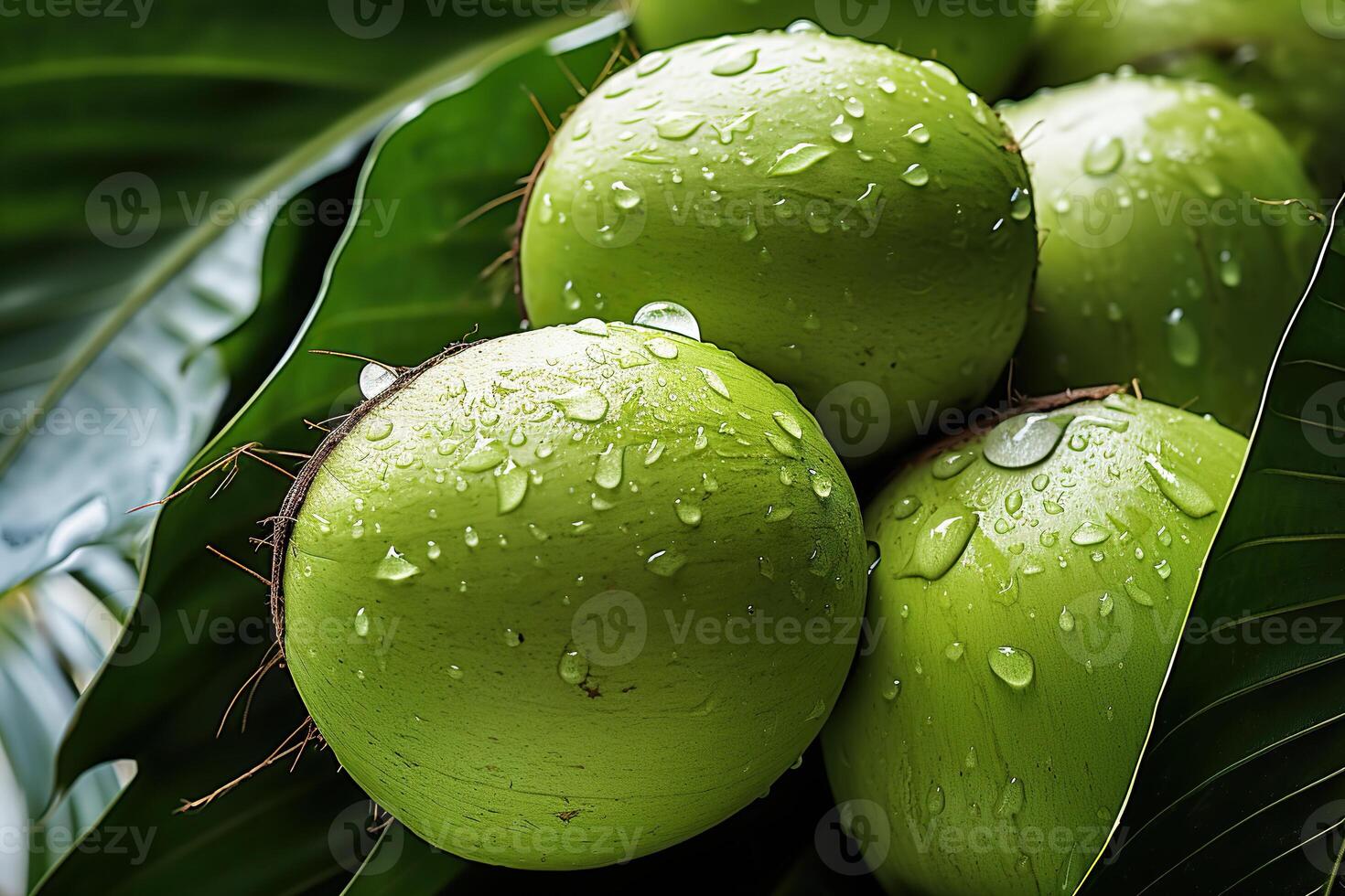 AI generated Young green coconut fruits on tree with water drop. Generated by artificial intelligence photo