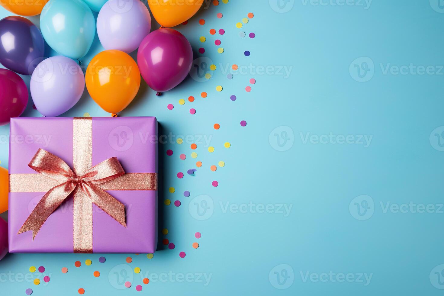 AI generated Gift box with ribbon and balloons on a blue background, top view. Generated by artificial intelligence photo