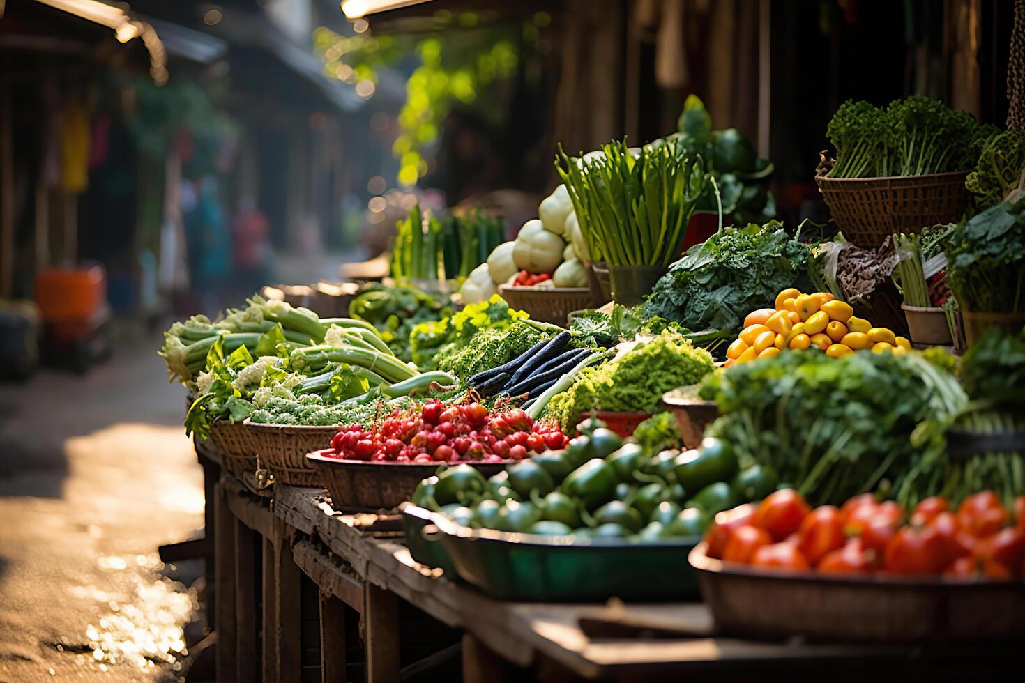 ai generado vegetal mercado con de madera filas lleno de varios vegetales. generado por artificial inteligencia foto