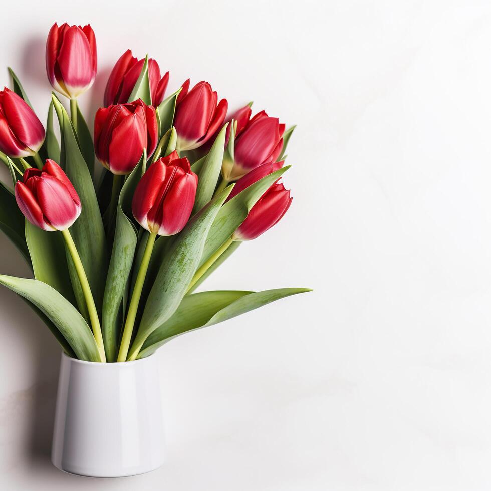 ai generado ramo de flores de hermosa rojo tulipanes en un blanco antecedentes con espacio para texto. de la madre día, marzo 8, cumpleaños. generado por artificial inteligencia foto